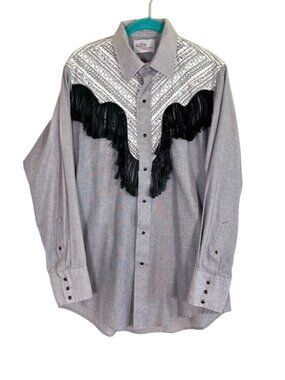 Vintage Western Fringe Snap Shirt Gray L 70s Rodeo Country Cowboy Urban 80s